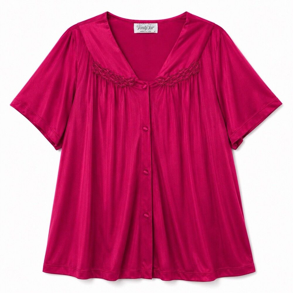 Vintage Vanity Fair Sleep Top Women's Large Pink Nylon Short Sleeve Button Front